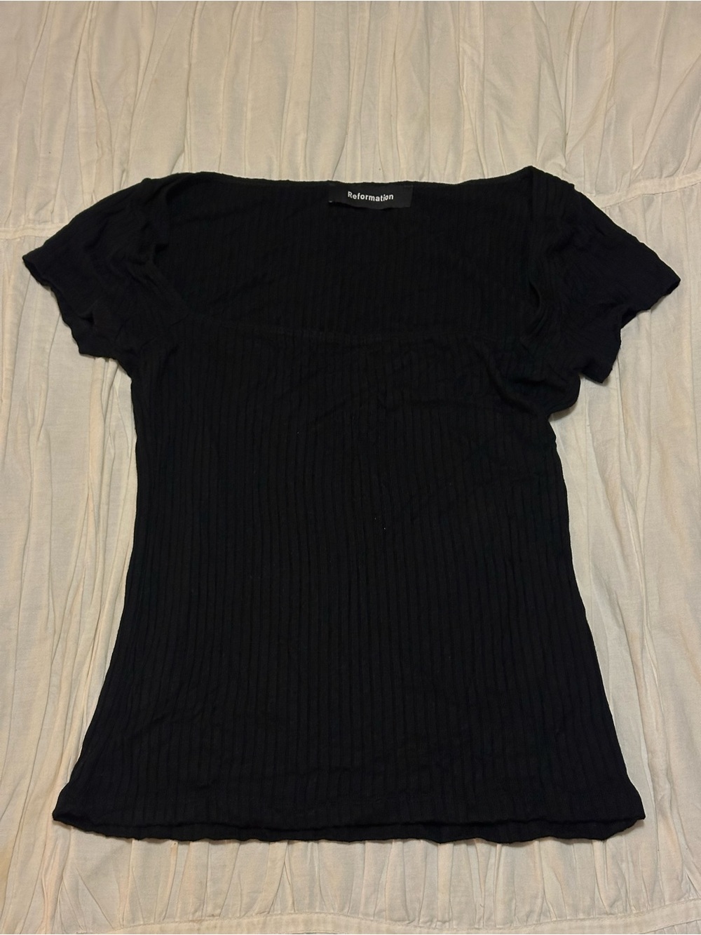 Reformation Black Ribbed Square Neck Short Sleeve Tee